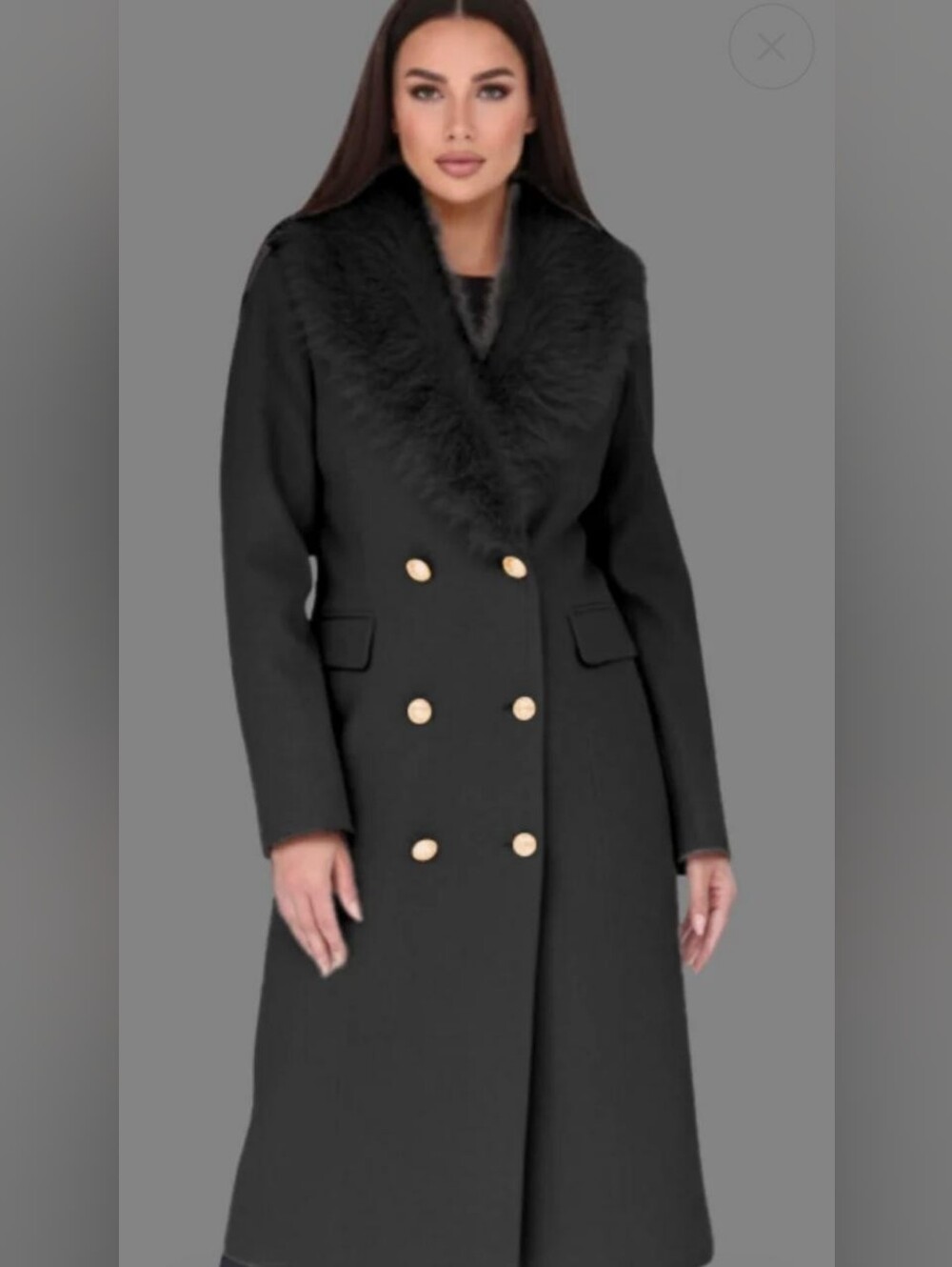 Culture Couture Paris Black Long Coat Size L | Faux Fur Collar | Gold Buttons |